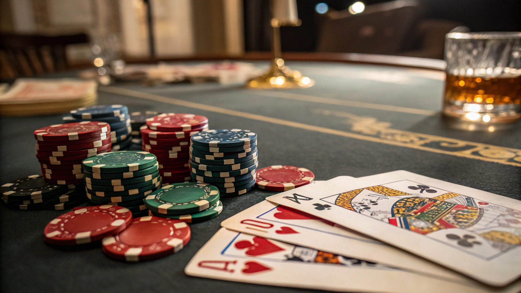 Dark poker table with cards, chips, and gold atmospheric lighting